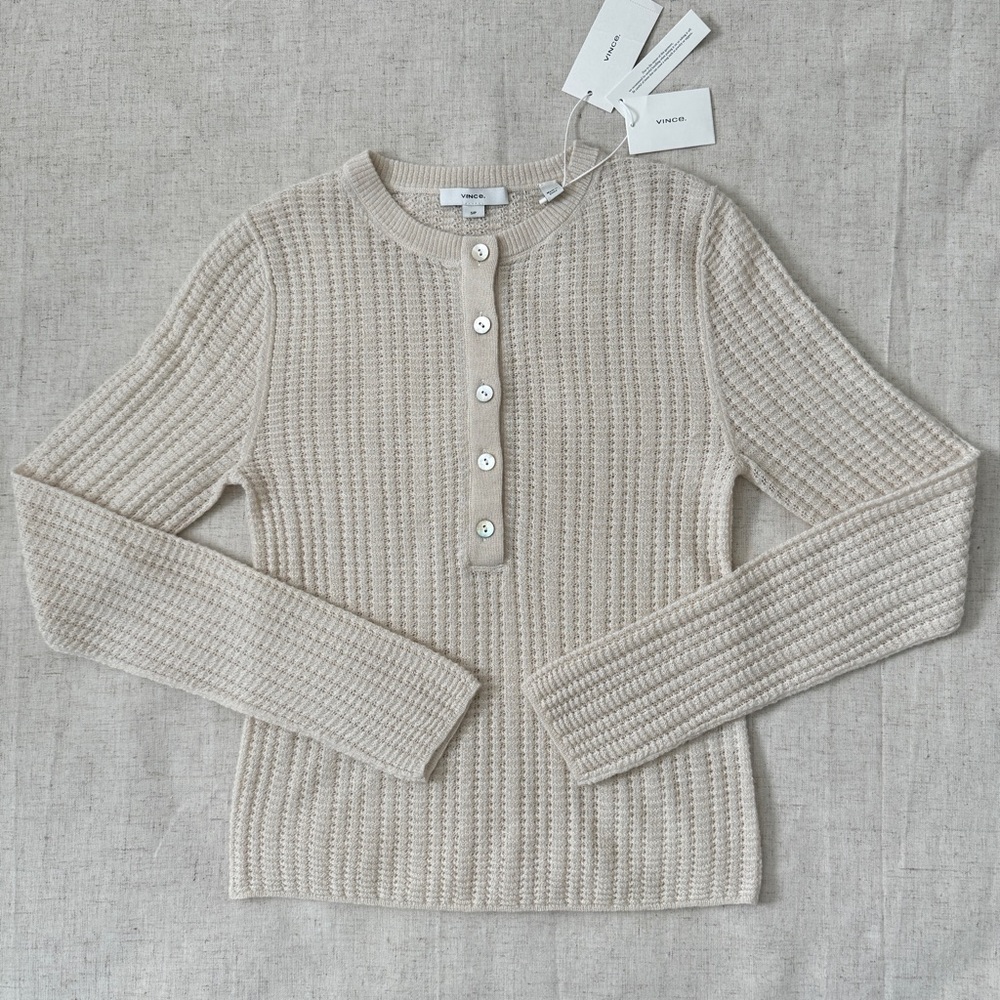 NWT Vince Off-White Waffle-Knit Cashmere-Silk Henley Sweater | Size S - Picture 4 of 16